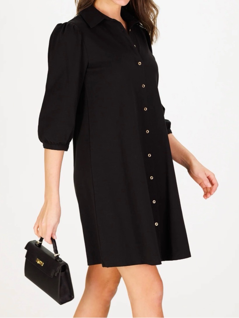Nina Leonard Black Button-Front Mini Shirt Dress